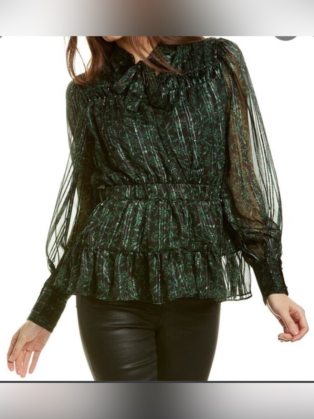 Walter Baker Black Sheer Floral Peplum Tie-Neck Blouse
